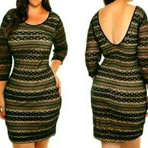 Low back stretchy black lace dress w/ tan lining